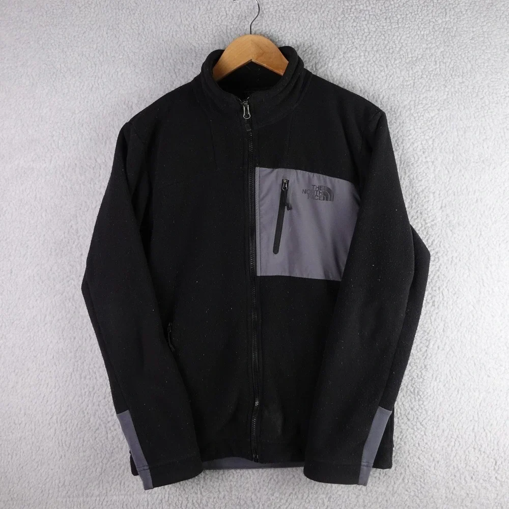 The North Face Mens Full Zip Fleece Jacket Black Grey S/P Mock Neck Hiking